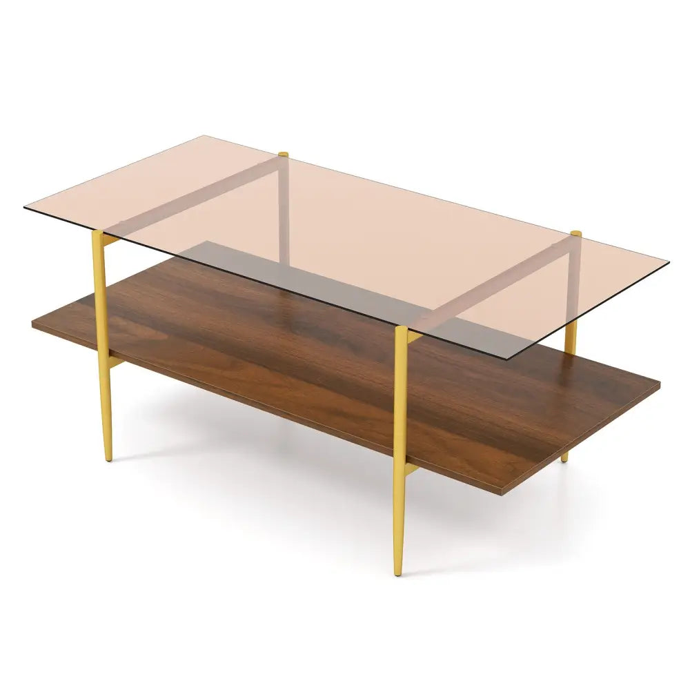 2-Tier Glass Coffee Table with Tampered Glass Tabletop and Open Storage Shelf-Brown - Brown - Coffee Tables
