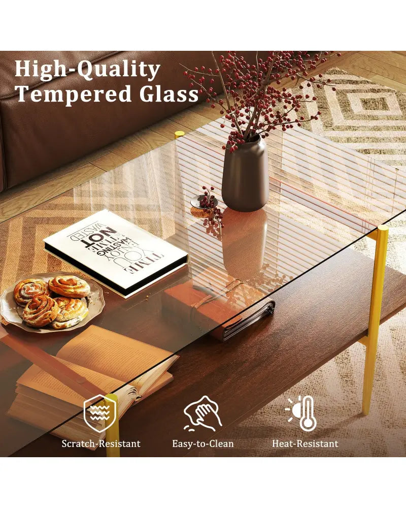 2-Tier Glass Coffee Table with Tampered Glass Tabletop and Open Storage Shelf-Brown - Brown - Coffee Tables
