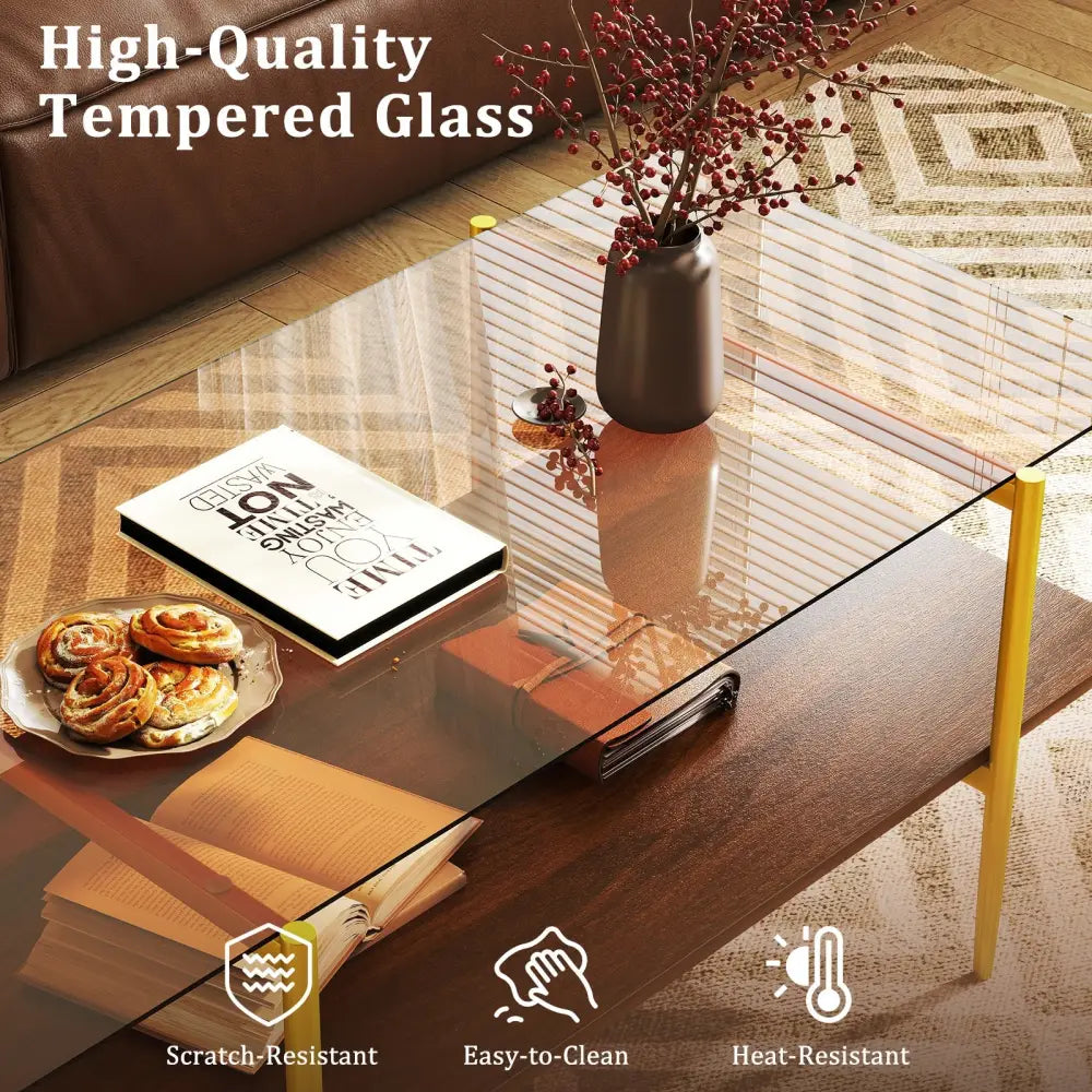 2-Tier Glass Coffee Table with Tampered Glass Tabletop and Open Storage Shelf-Brown - Brown - Coffee Tables