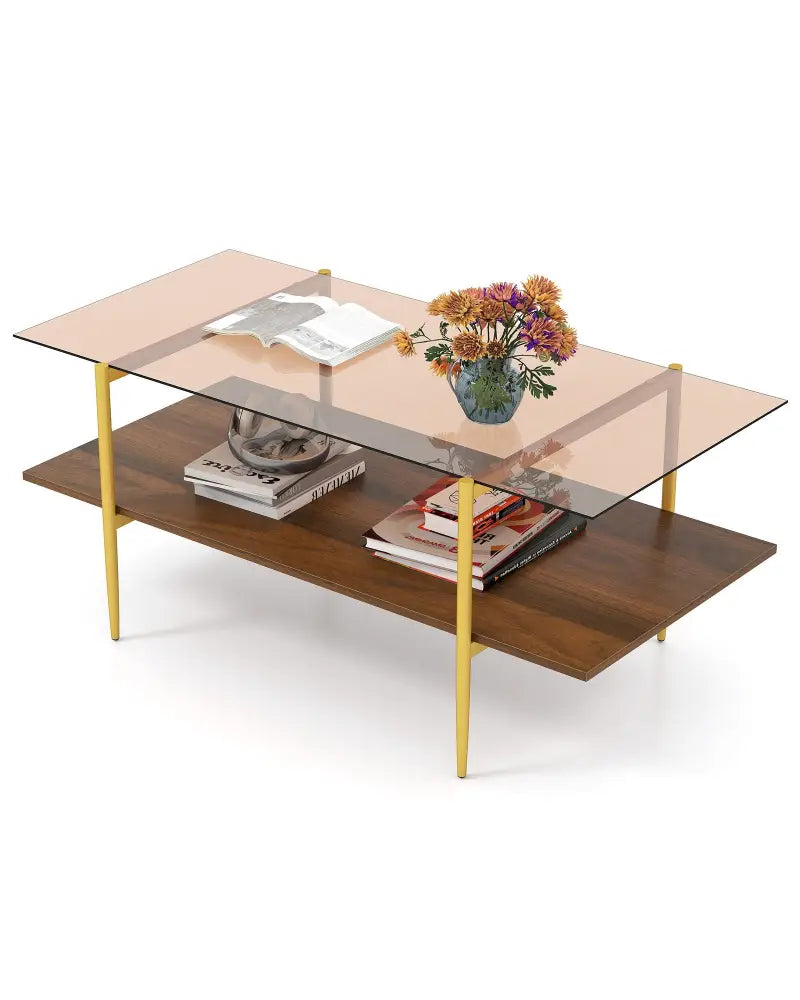 2-Tier Glass Coffee Table with Tampered Glass Tabletop and Open Storage Shelf-Brown - Brown - Coffee Tables