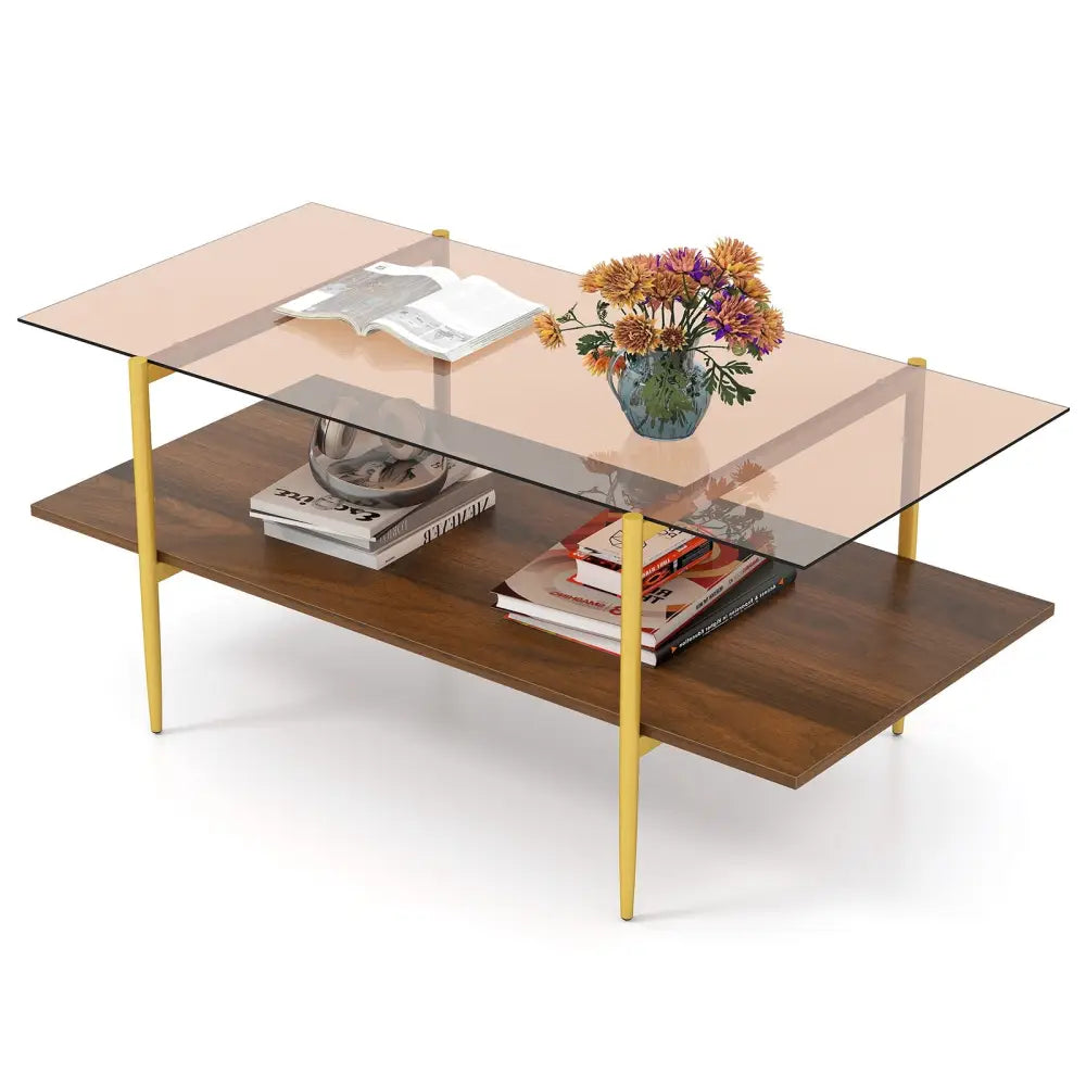 2-Tier Glass Coffee Table with Tampered Glass Tabletop and Open Storage Shelf-Brown - Brown - Coffee Tables