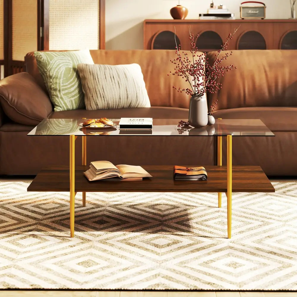 2-Tier Glass Coffee Table with Tampered Glass Tabletop and Open Storage Shelf-Brown - Brown - Coffee Tables