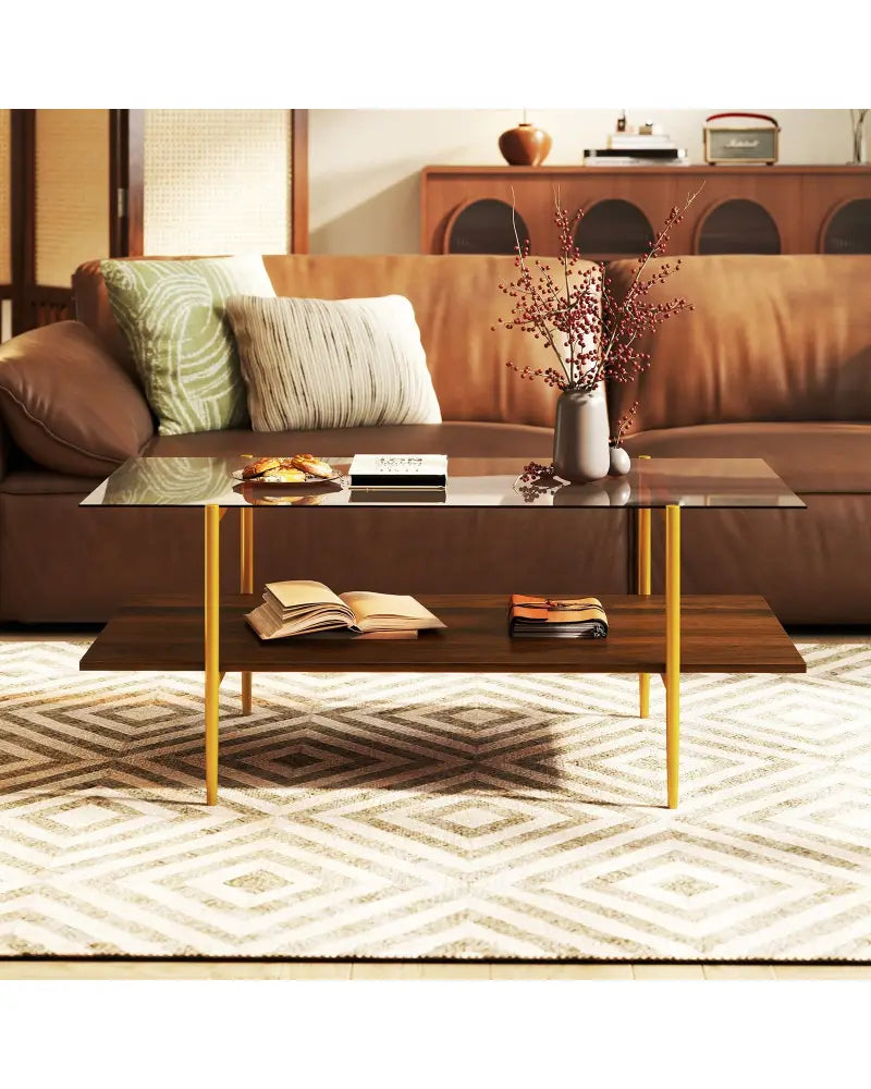 2-Tier Glass Coffee Table with Tampered Glass Tabletop and Open Storage Shelf-Brown - Brown - Coffee Tables