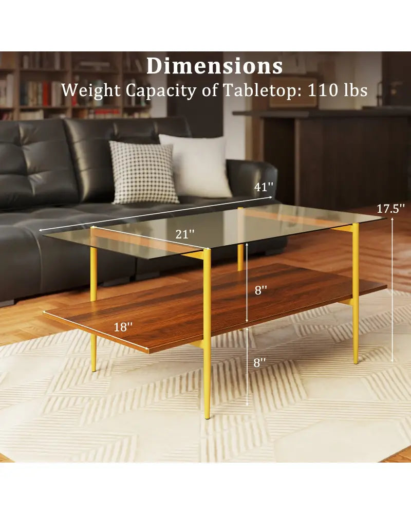 2-Tier Glass Coffee Table with Tampered Glass Tabletop and Open Storage Shelf-Brown - Brown - Coffee Tables