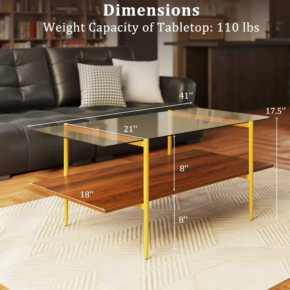 2-Tier Glass Coffee Table with Tampered Glass Tabletop and Open Storage Shelf-Brown - Brown - Coffee Tables