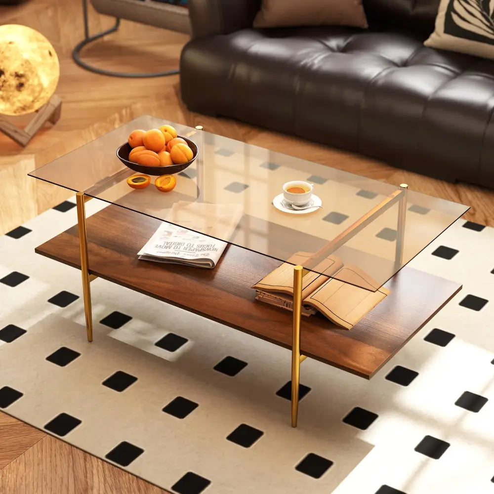 2-Tier Glass Coffee Table with Tampered Glass Tabletop and Open Storage Shelf-Brown - Brown - Coffee Tables