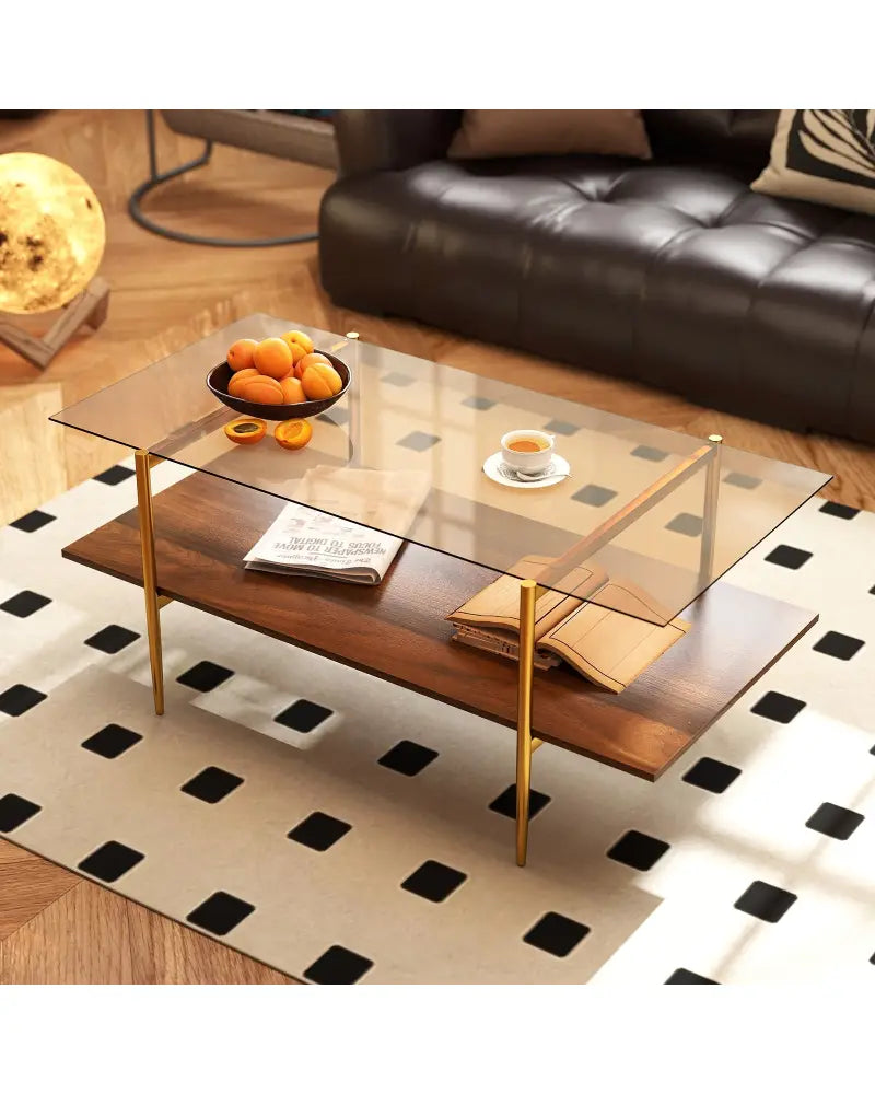2-Tier Glass Coffee Table with Tampered Glass Tabletop and Open Storage Shelf-Brown - Brown - Coffee Tables