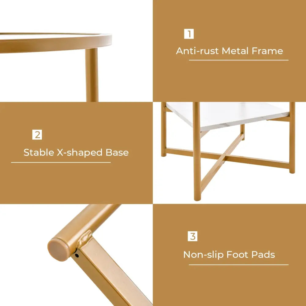 2-Tier Glass End Table Set of 2 with Faux Marble Storage Shelf-White - White - End & Side Tables