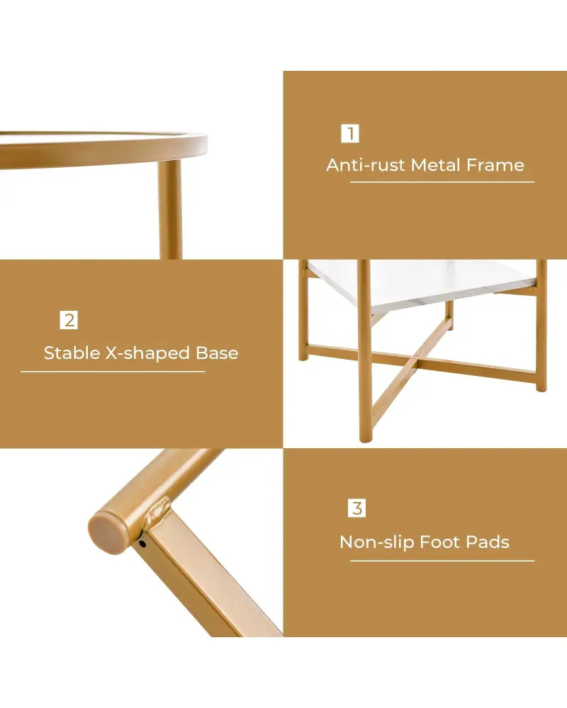 2-Tier Glass End Table Set of 2 with Faux Marble Storage Shelf-White - White - End & Side Tables