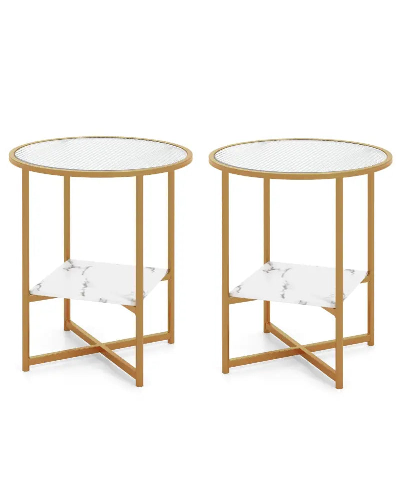 2-Tier Glass End Table Set of 2 with Faux Marble Storage Shelf-White - White - End & Side Tables