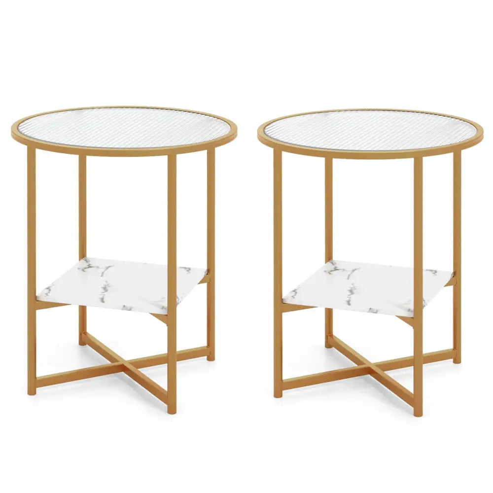 2-Tier Glass End Table Set of 2 with Faux Marble Storage Shelf-White - White - End & Side Tables