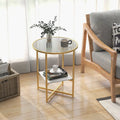 2-Tier Glass End Table Set of 2 with Faux Marble Storage Shelf-White - White - End & Side Tables