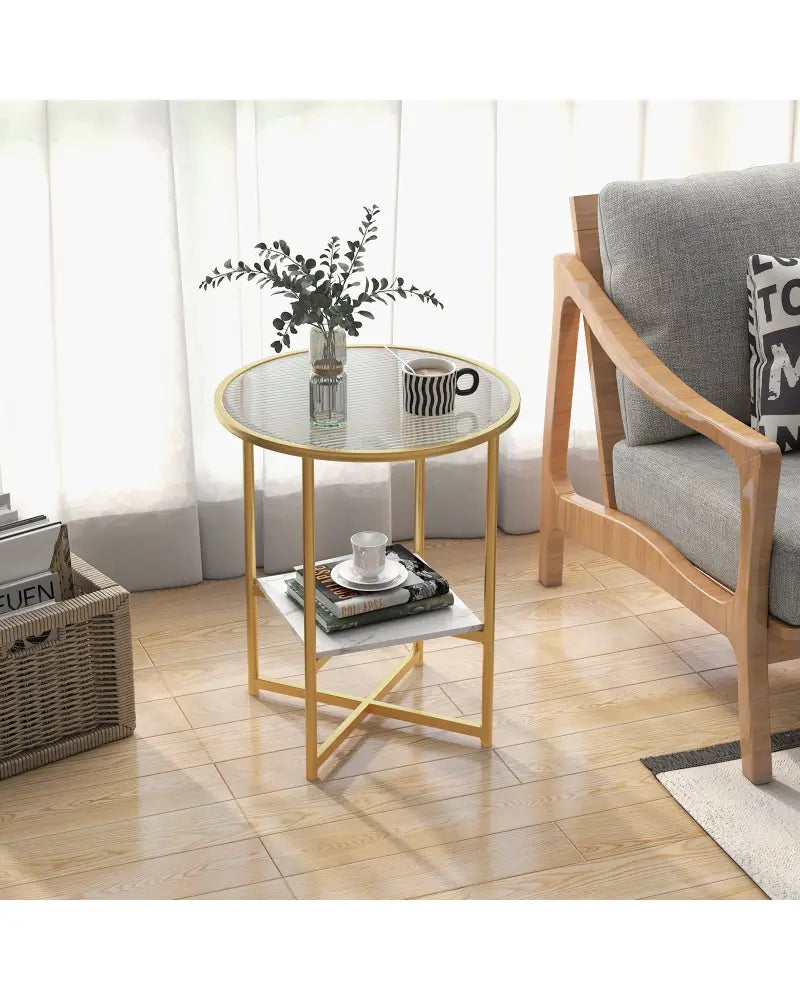 2-Tier Glass End Table Set of 2 with Faux Marble Storage Shelf-White - White - End & Side Tables