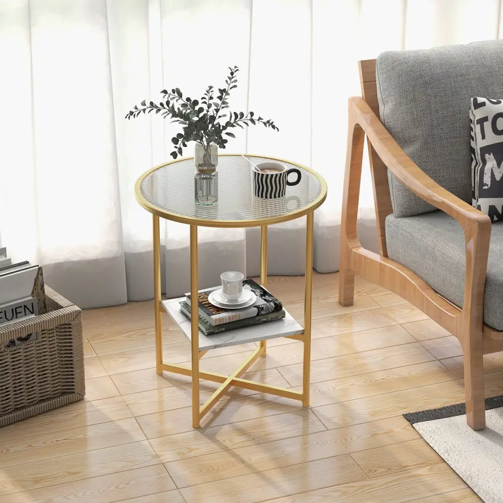 2-Tier Glass End Table Set of 2 with Faux Marble Storage Shelf-White - White - End & Side Tables
