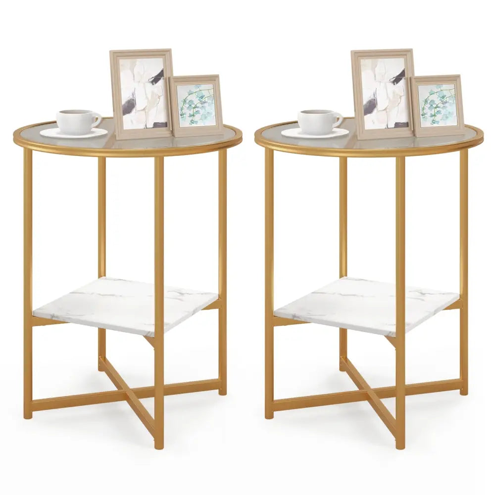 2-Tier Glass End Table Set of 2 with Faux Marble Storage Shelf-White - White - End & Side Tables