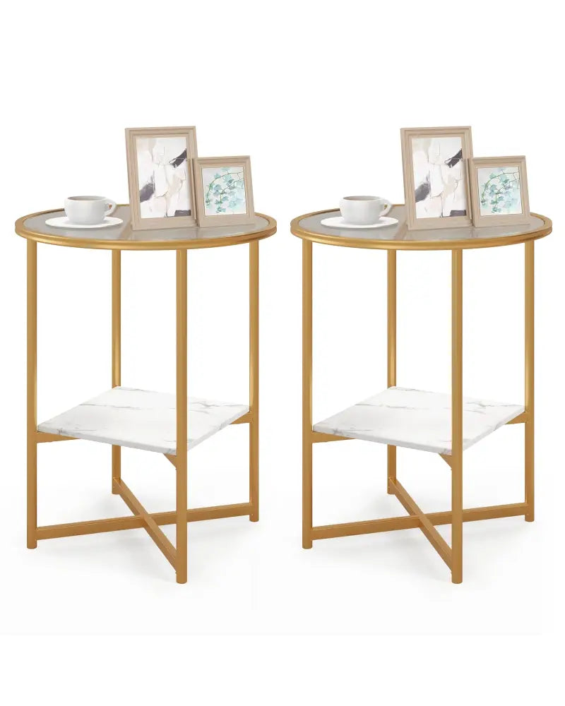 2-Tier Glass End Table Set of 2 with Faux Marble Storage Shelf-White - White - End & Side Tables