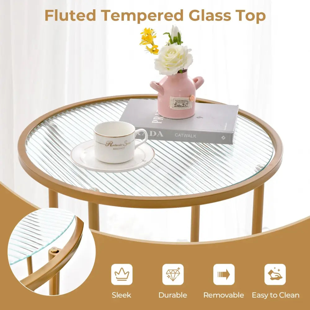2-Tier Glass End Table Set of 2 with Faux Marble Storage Shelf-White - White - End & Side Tables