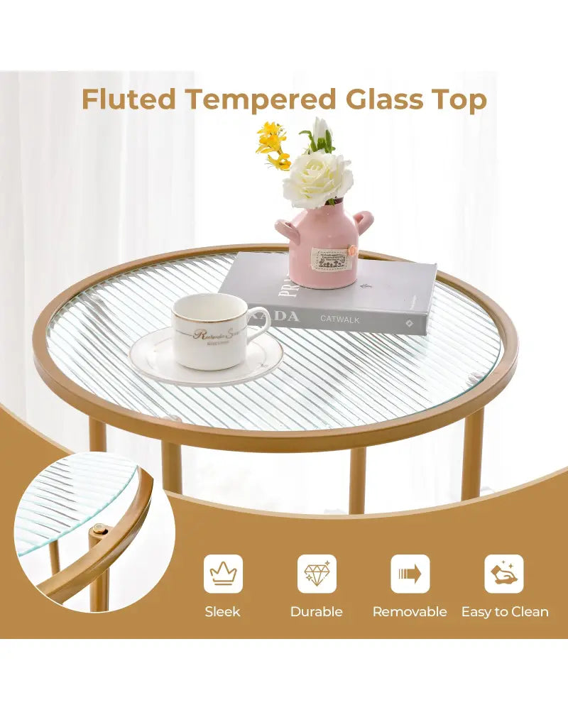 2-Tier Glass End Table Set of 2 with Faux Marble Storage Shelf-White - White - End & Side Tables