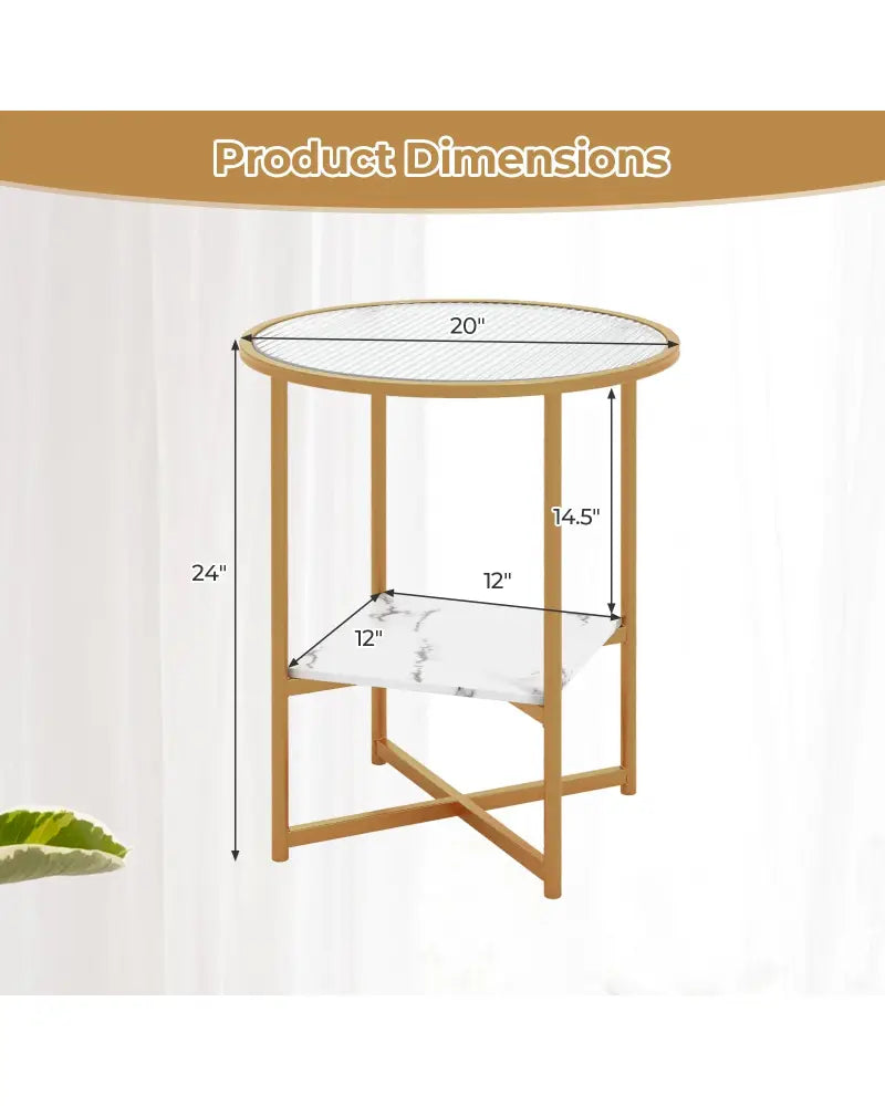 2-Tier Glass End Table Set of 2 with Faux Marble Storage Shelf-White - White - End & Side Tables