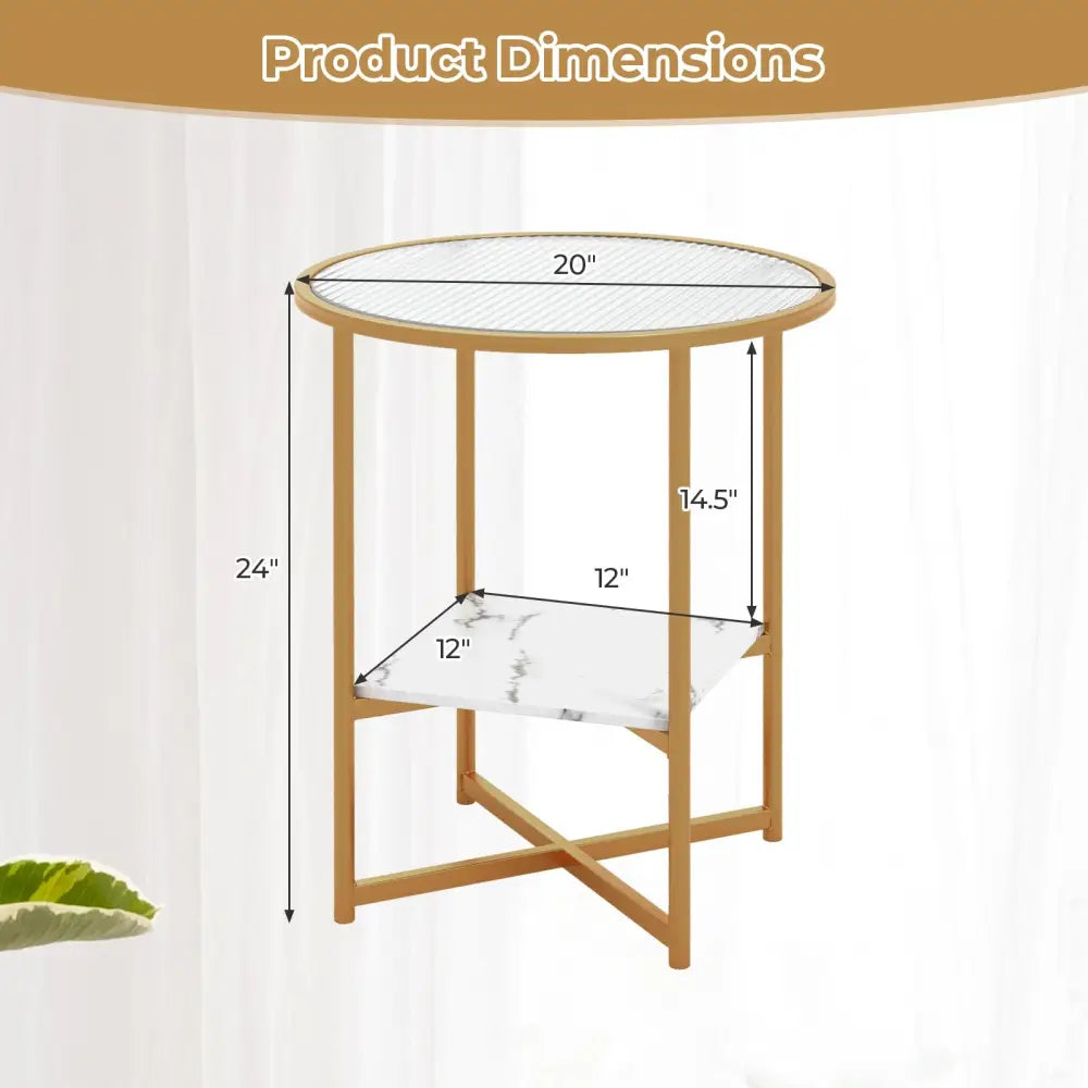 2-Tier Glass End Table Set of 2 with Faux Marble Storage Shelf-White - White - End & Side Tables