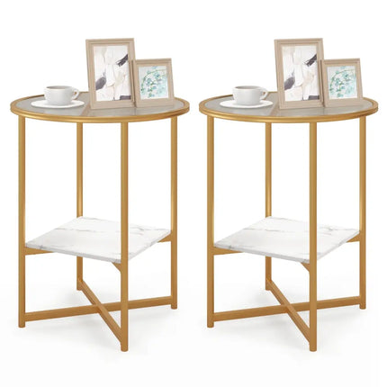 2-Tier Glass End Table Set of 2 with Faux Marble Storage Shelf-White Costway