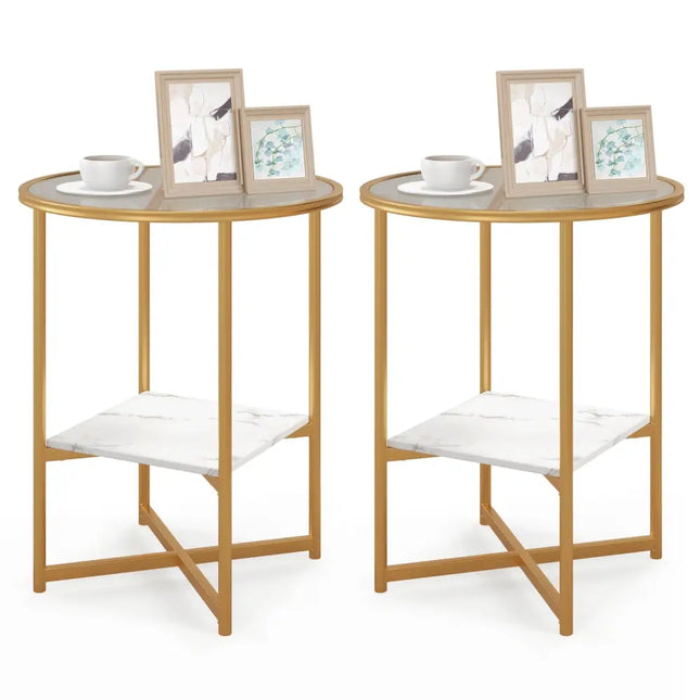 2-Tier Glass End Table Set of 2 with Faux Marble Storage Shelf-White Costway