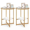 2-Tier Glass End Table Set of 2 with Faux Marble Storage Shelf-White Costway