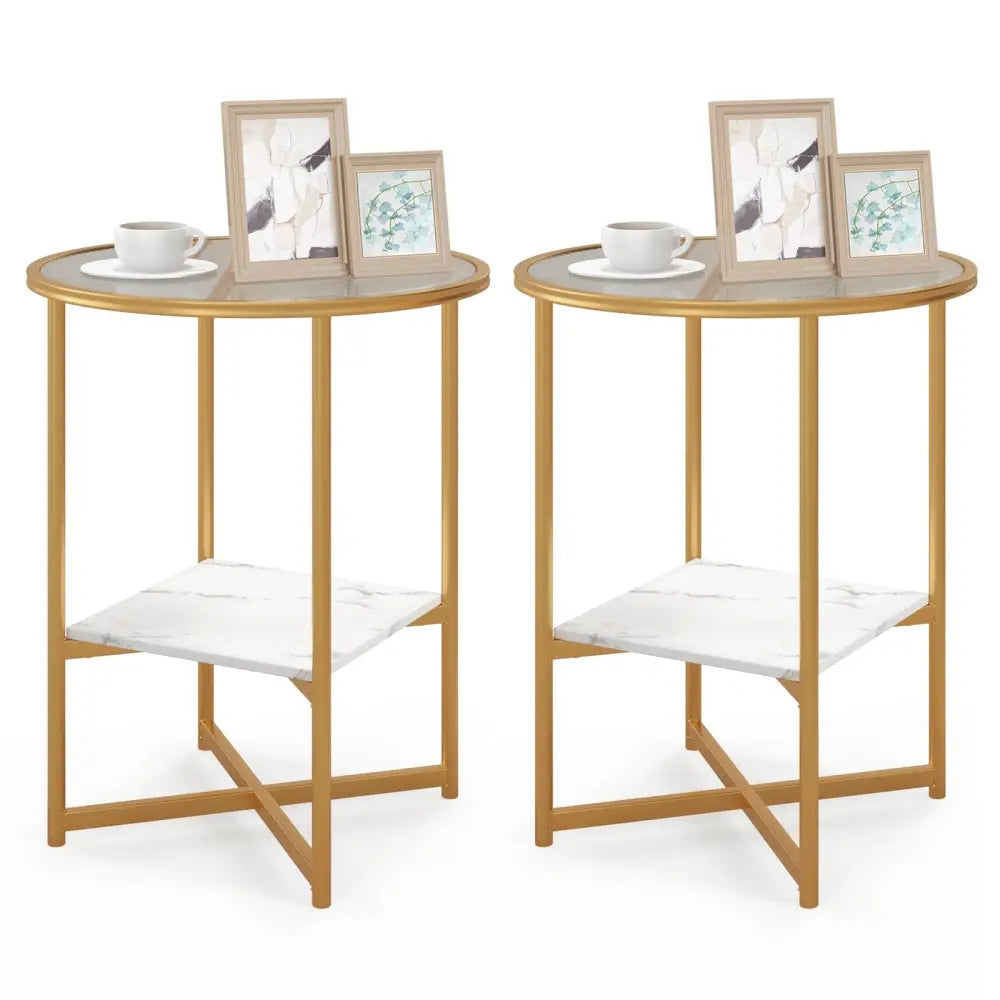 2-Tier Glass End Table Set of 2 with Faux Marble Storage Shelf-White Costway