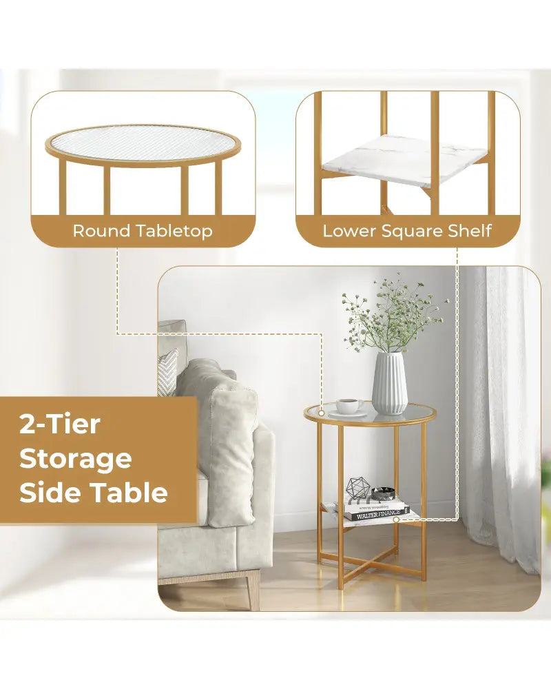 2-Tier Glass End Table Set of 2 with Faux Marble Storage Shelf-White - White - End & Side Tables