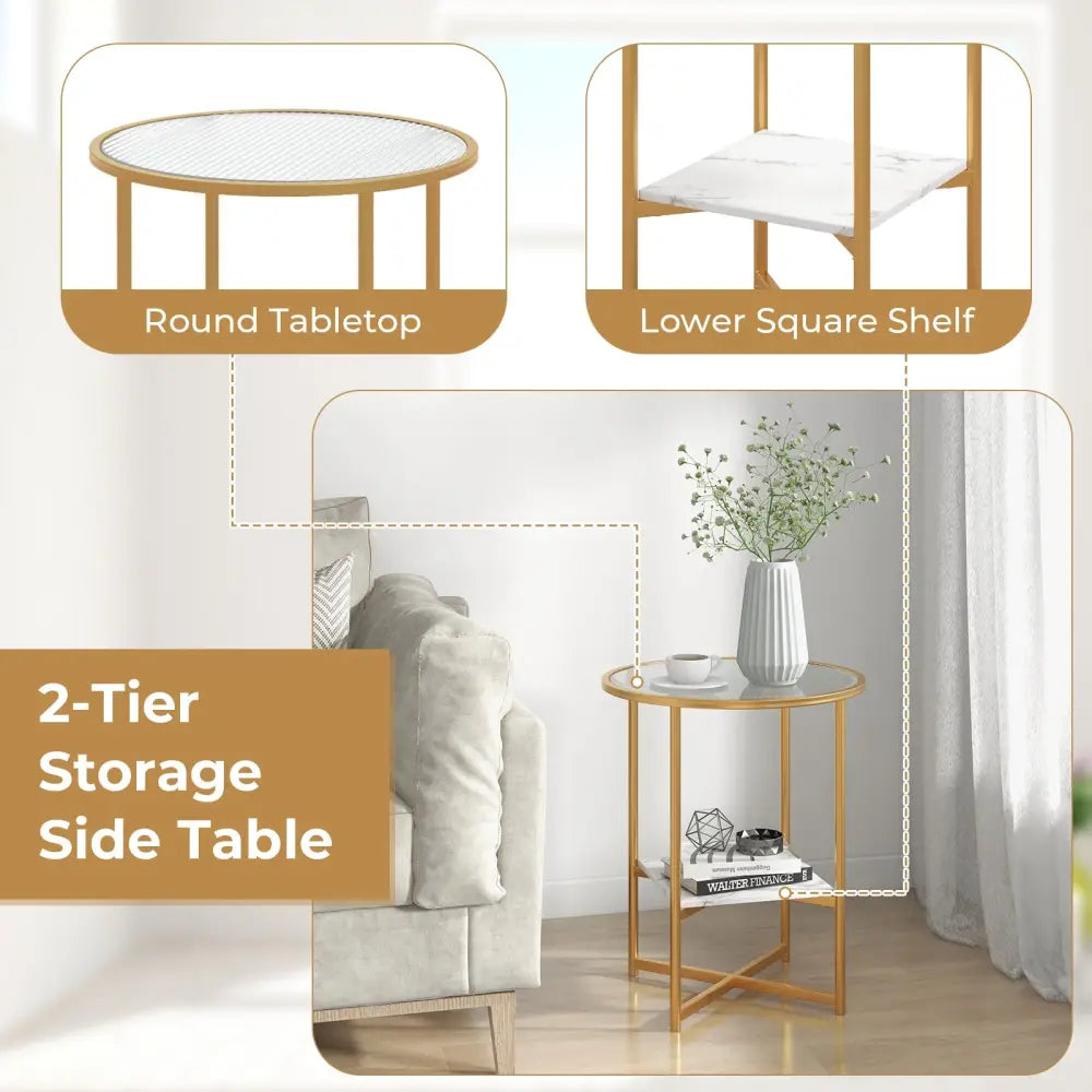 2-Tier Glass End Table Set of 2 with Faux Marble Storage Shelf-White - White - End & Side Tables