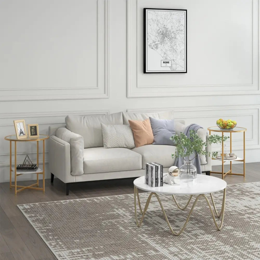 2-Tier Glass End Table Set of 2 with Faux Marble Storage Shelf-White - White - End & Side Tables