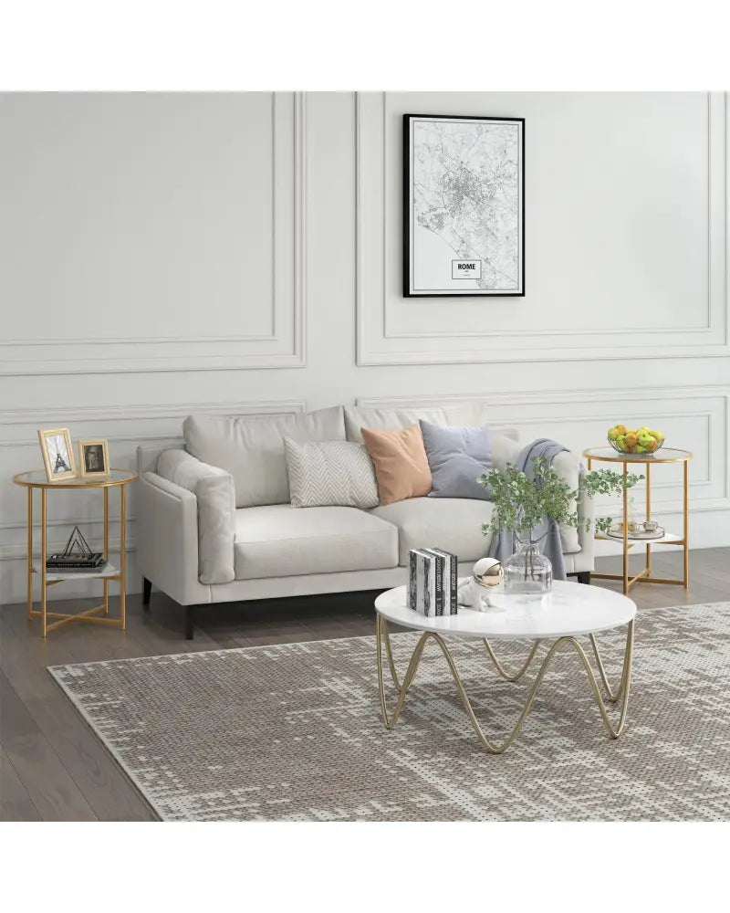 2-Tier Glass End Table Set of 2 with Faux Marble Storage Shelf-White - White - End & Side Tables