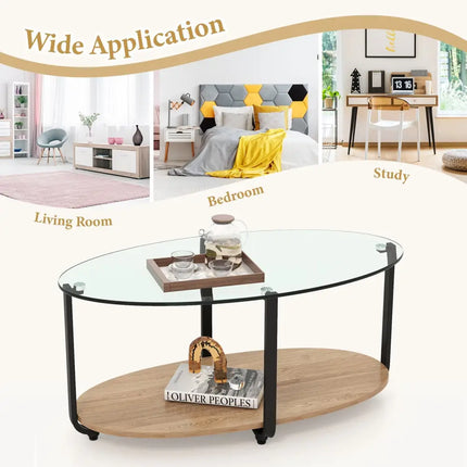 2-Tier Glass-Top Oval Coffee Table with Wooden Shelf for Living Room Costway