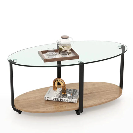 2-Tier Glass-Top Oval Coffee Table with Wooden Shelf for Living Room Costway