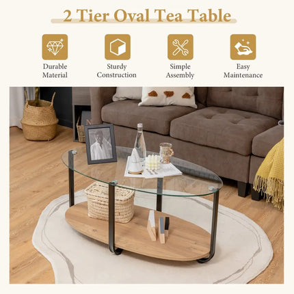 2-Tier Glass-Top Oval Coffee Table with Wooden Shelf for Living Room Costway