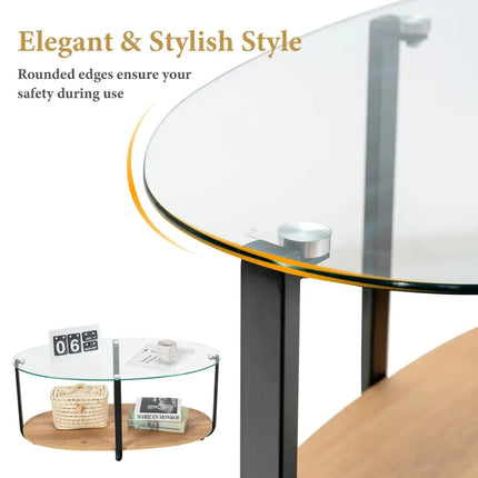 2-Tier Glass-Top Oval Coffee Table with Wooden Shelf for Living Room Costway