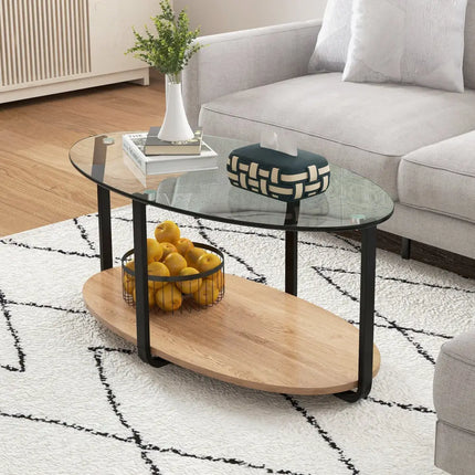 2-Tier Glass-Top Oval Coffee Table with Wooden Shelf for Living Room Costway