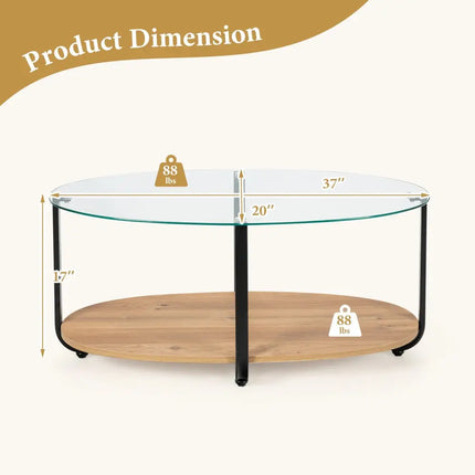 2-Tier Glass-Top Oval Coffee Table with Wooden Shelf for Living Room Costway