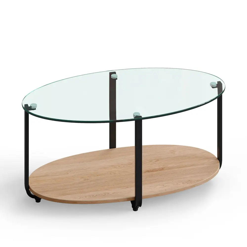 2-Tier Glass-Top Oval Coffee Table with Wooden Shelf for Living Room Costway