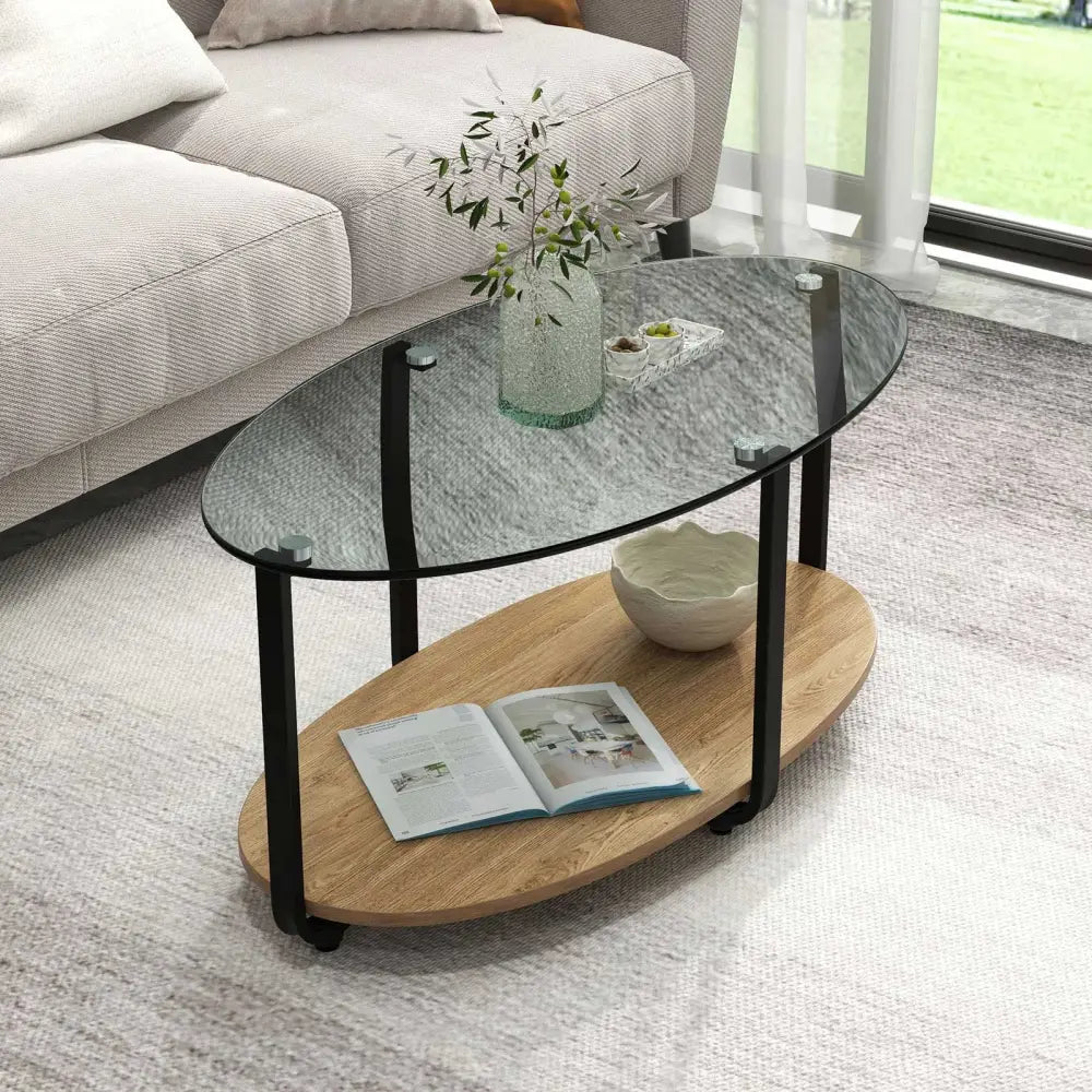 2-Tier Glass-Top Oval Coffee Table with Wooden Shelf for Living Room Costway