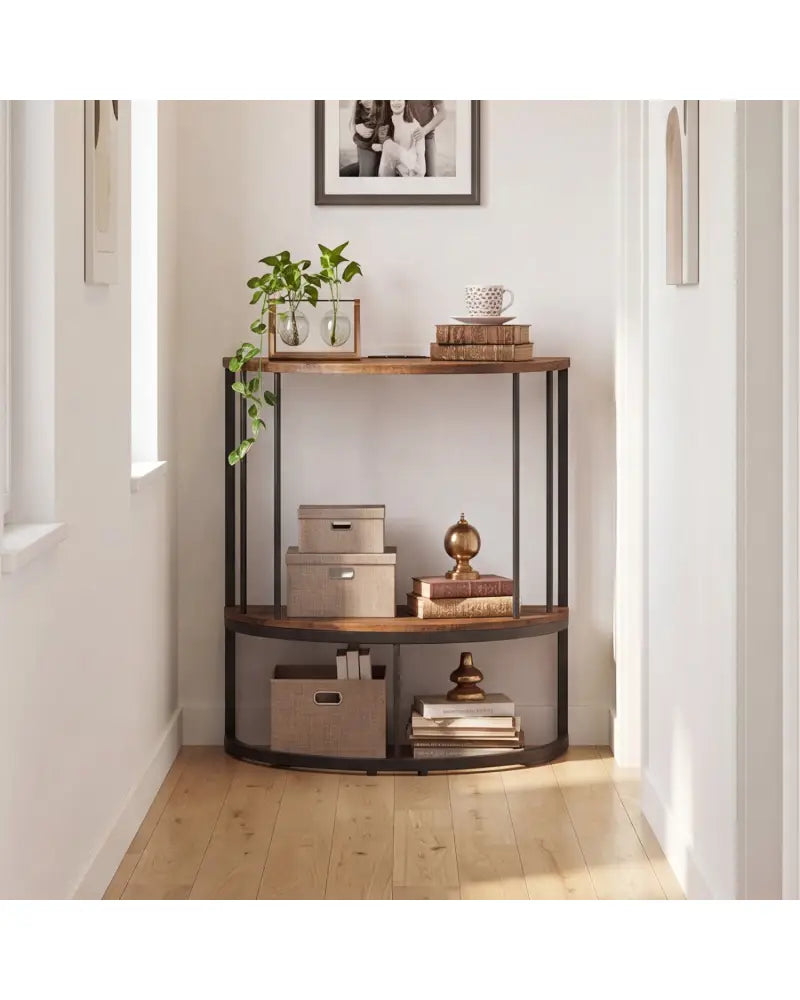 2-Tier Half Moon Console Table with Power Outlets and Storage Shel for Hallway-Rustic Brown - Rustic Brown - Console
