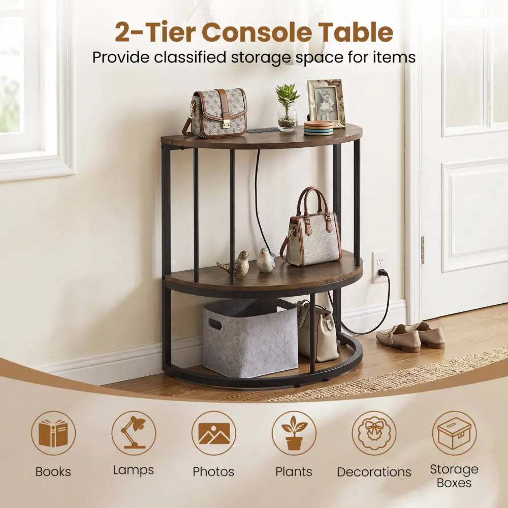 2-Tier Half Moon Console Table with Power Outlets and Storage Shel for Hallway-Rustic Brown - Rustic Brown - Console
