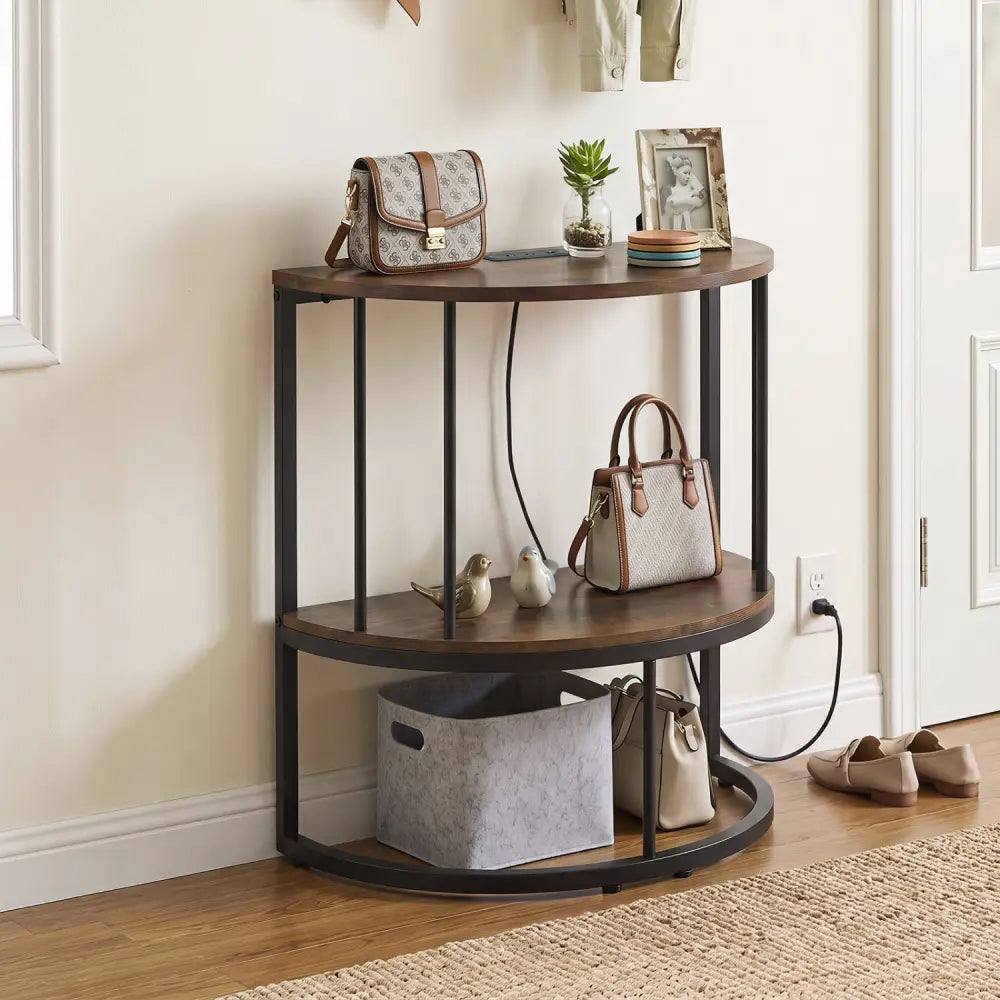 2-Tier Half Moon Console Table with Power Outlets and Storage Shel for Hallway-Rustic Brown - Rustic Brown - Console
