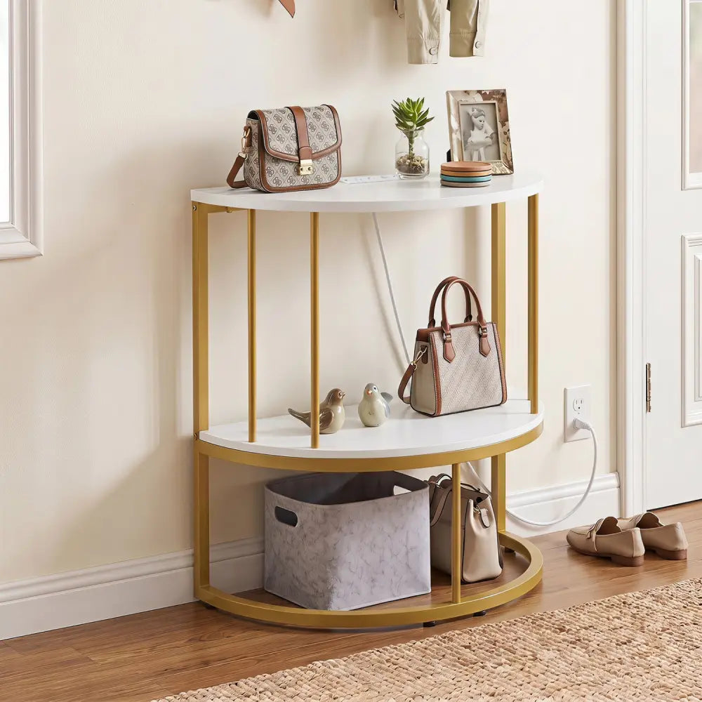 2-Tier Half Moon Console Table with Power Outlets and Storage Shel for Hallway-White - White - Console Tables