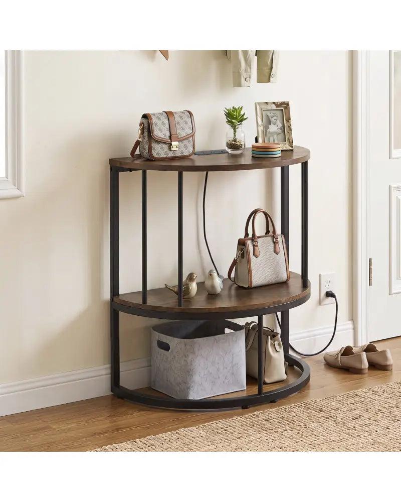 2-Tier Half Moon Console Table with Power Outlets and Storage Shel for Hallway-Rustic Brown - Rustic Brown - Console