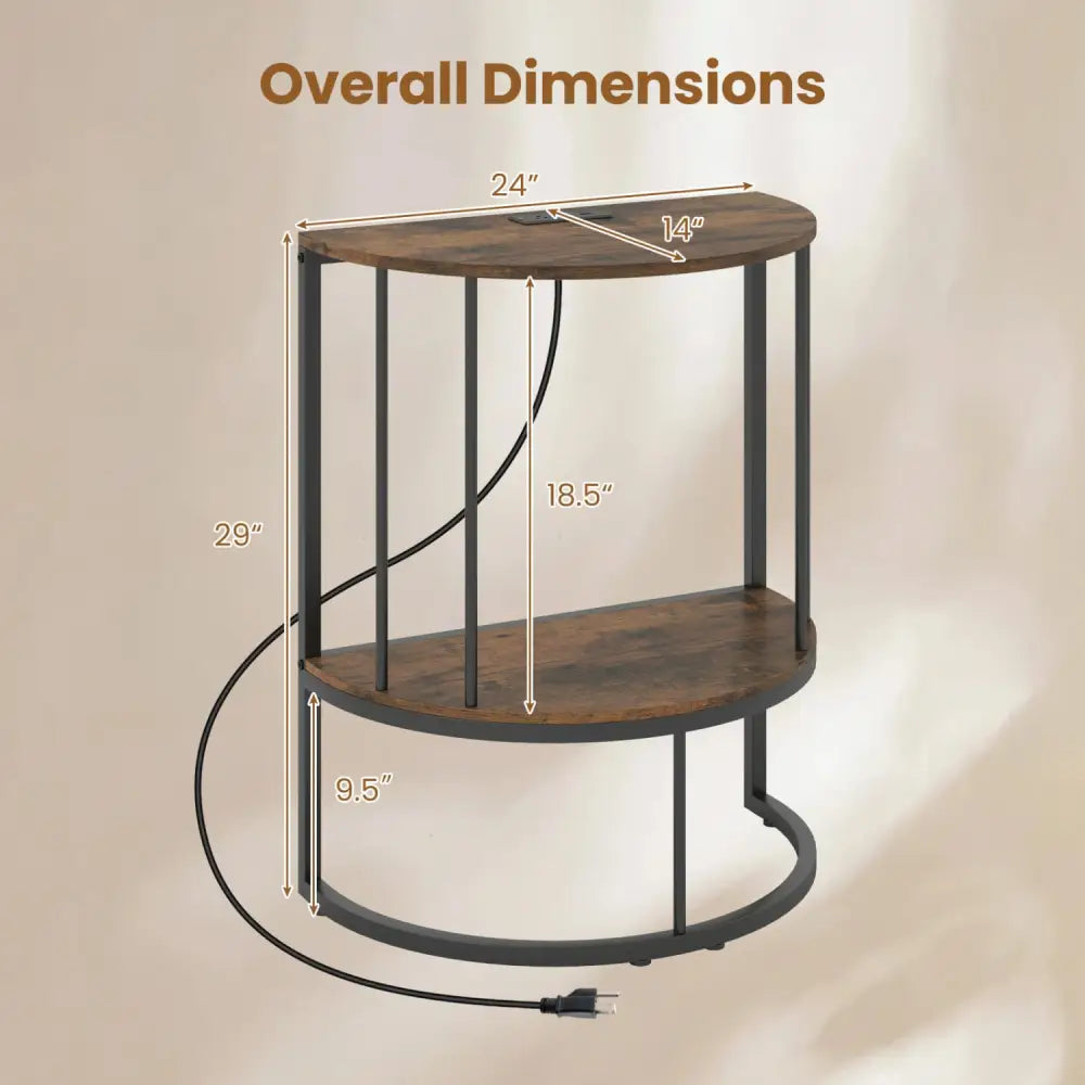 2-Tier Half Moon Console Table with Power Outlets and Storage Shel for Hallway-Rustic Brown - Rustic Brown - Console