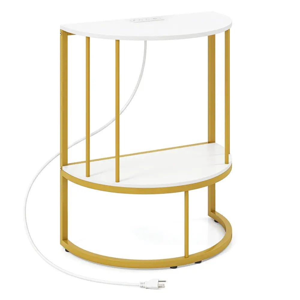 2-Tier Half Moon Console Table with Power Outlets and Storage Shel for Hallway-White - White - Console Tables