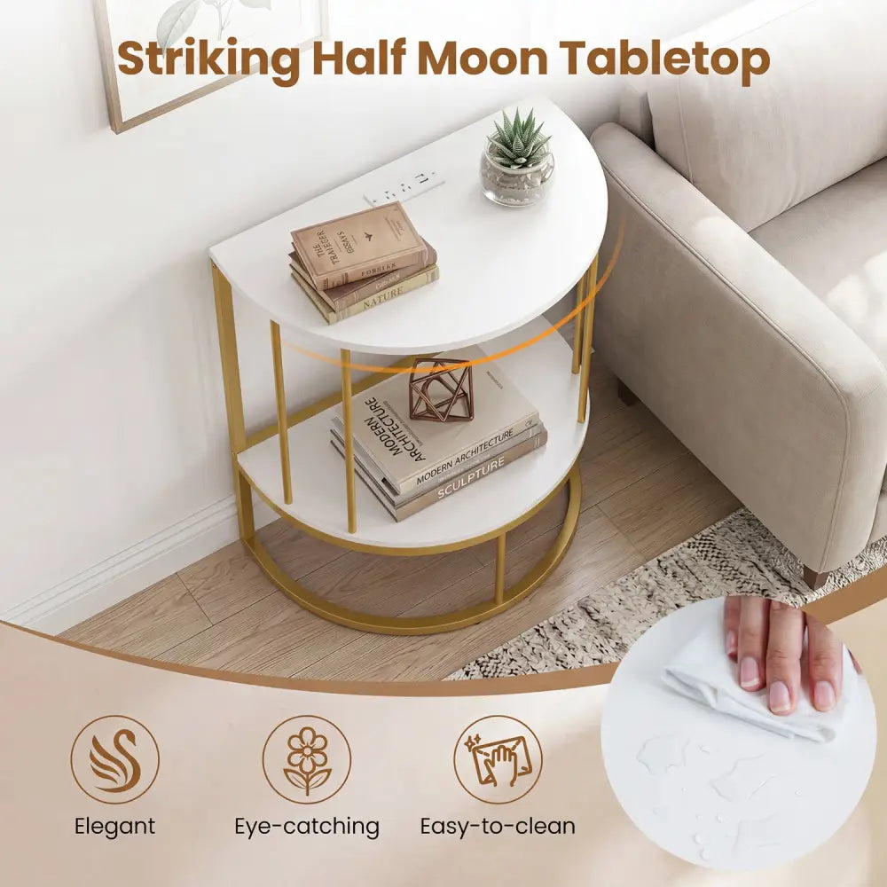 2-Tier Half Moon Console Table with Power Outlets and Storage Shel for Hallway-White - White - Console Tables