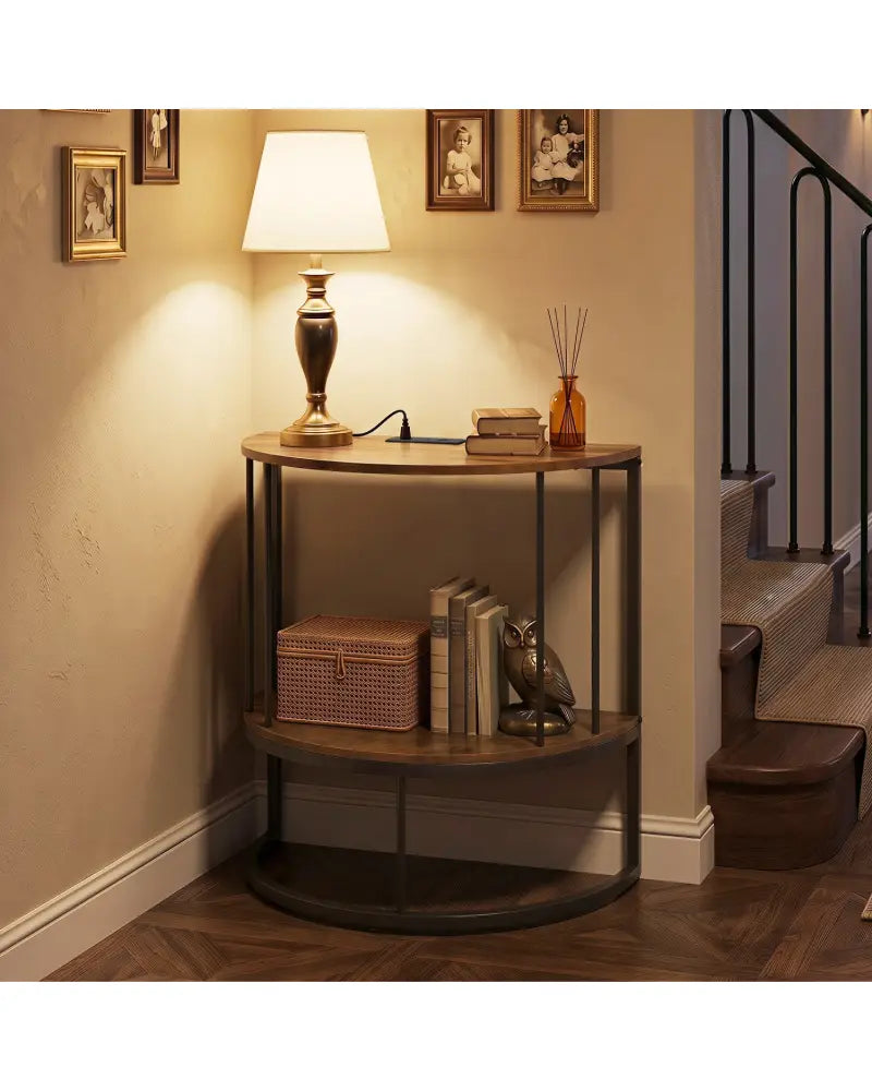 2-Tier Half Moon Console Table with Power Outlets and Storage Shel for Hallway-Rustic Brown - Rustic Brown - Console