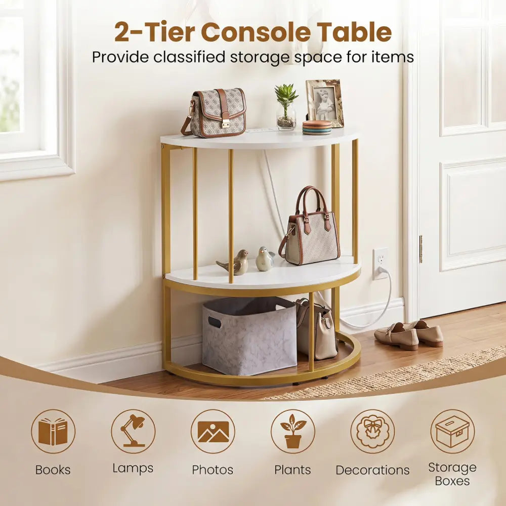 2-Tier Half Moon Console Table with Power Outlets and Storage Shel for Hallway-White - White - Console Tables